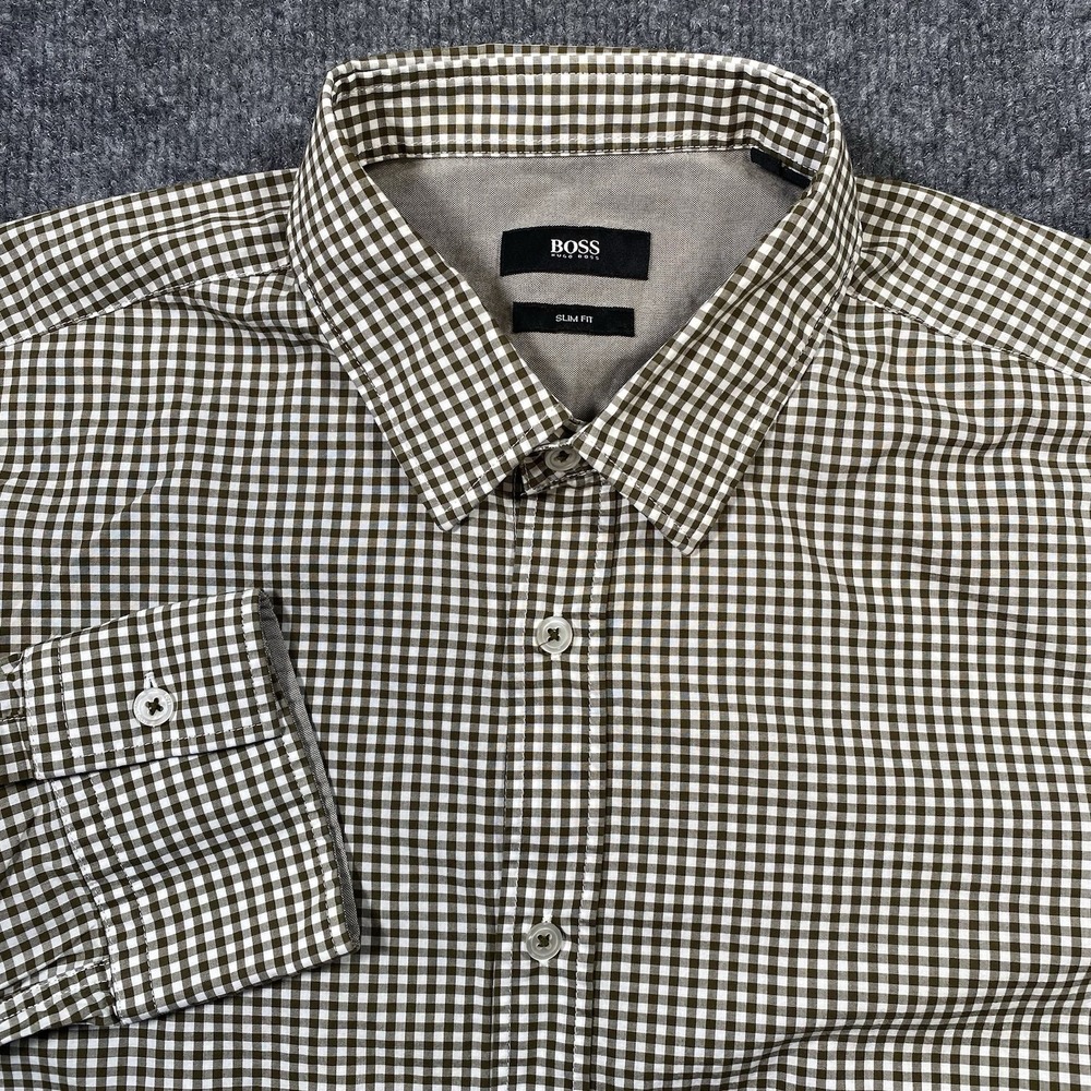 Hugo Boss Ronny Slim Fit Check Pattern Long Sleeve Button Shirt Mens Large OCBD